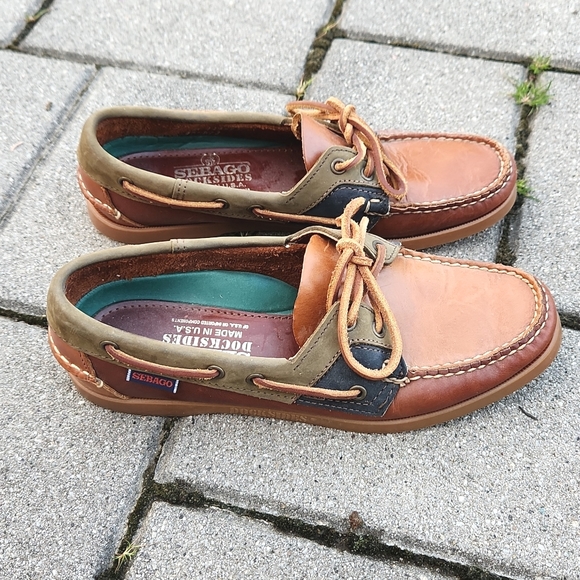 Sebago Docksides Two Tone Brown/Navy/Green Slip-on Leather Boat Shoes - Picture 3 of 11